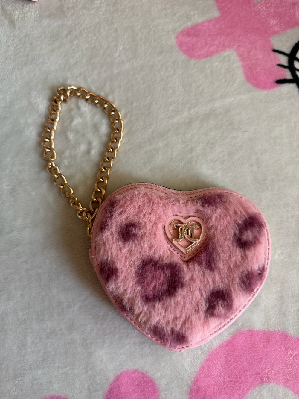 Juicy Couture Pink Faux Fur Heart Wristlet with Gold Chain